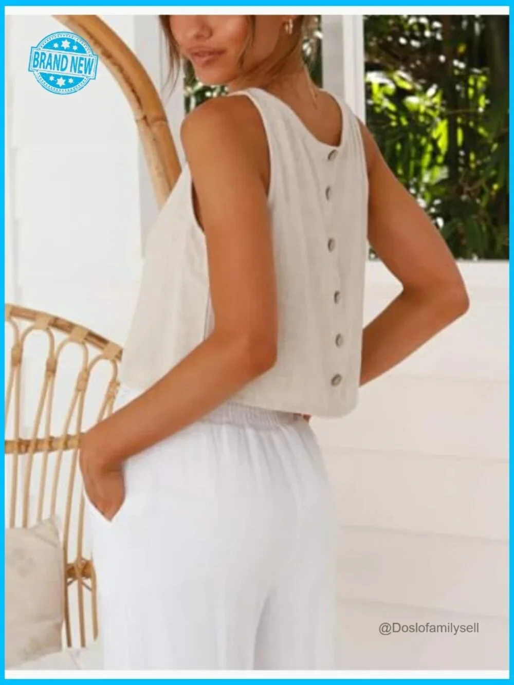 Linen Crop Tank Top Sleeveless High Neck Button Back Summer Beach Top Casual